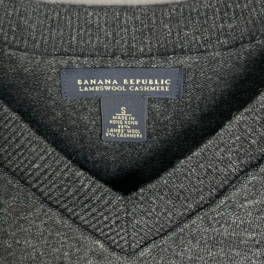 VNTG Banana Republic Mens S Sweater Lambswool Cashmere Gray Elbow Pads V-Neck